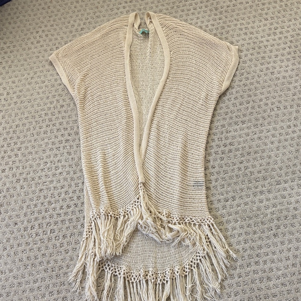 Karlie Cream Fringe Open-Front Poncho